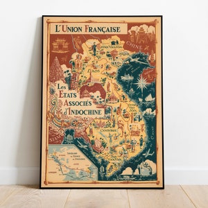 Mapa Indochin Francuskich Wydruk | Historia sztuki | Mapa Indochin z 1948 r. Sztuka ścienna | Sztuka w ramie | Sztuka na płótnie | Sztuka plakatowa | Sztuka ścienna wydruków | Wydruki ścienne z mapą