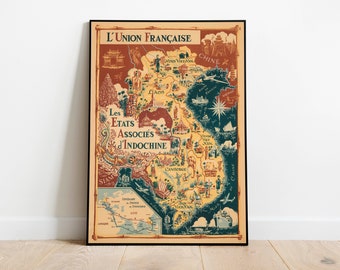 Franse Indochina kaart afdrukken| Kunstgeschiedenis| 1948 Indochina kaart kunst aan de muur| Ingelijste kunst| Canvaskunst| Posterkunst| Afdrukken aan de muur | Kaart muurafdrukken