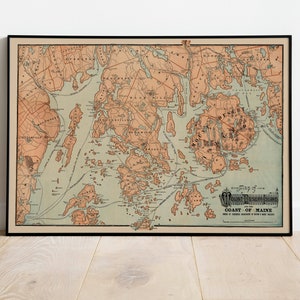 Mount Desert Island und Küste von Maine Karte Print | Vintage Karte Wandbild | Kunstdruck auf Leinwand | Pull Down Chart| Karte Poster Wanddeko