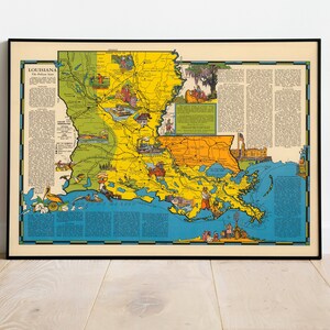 Mapa pictórico colorido de Luisiana 1937/ Impresión de arte de pared de mapa antiguo/ Impresión de arte enmarcada/ Lienzo de pared de mapa vintage/ Impresión de pared/ Impresión de póster