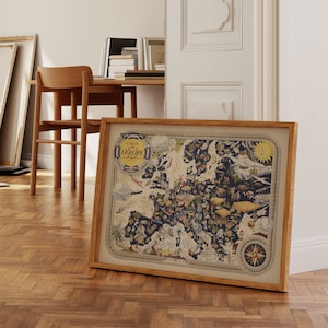 Schilderkaart van Europa| Kunst aan de muur afdrukken| Europa kaart muurposter| Canvas kunst aan de muur| Ingelijste kunstafdruk| Muur kunst woonkamer