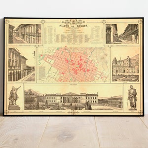 Impresión de pared del mapa de la ciudad de Bogotá/ Decoración de la pared del mapa enmarcado/ Impresión de arte del mapa de Bogotá de 1890 / Impresión de póster / Impresión de lienzo Arte de la pared / Cartel de arte de la pared del mapa