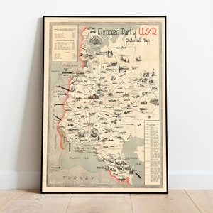 Mapa pictórico de la parte europea de la URSS/Mapa vintage de la Rusia soviética/Arte de la pared del lienzo/Impresión del mapa de la pared/Cartel del mapa de los antiguos soviéticos