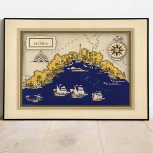 Impresión de mapa de Liguria / Historia del arte / Arte mural con mapa de Liguria de 1939 / Arte mural enmarcado / Arte en lienzo / Arte en póster / Arte mural con impresiones / Impresiones de mapas para pared