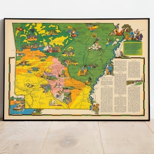 Bunte bildliche Karte von Arkansas 1937| Alte Karte Wand Kunstdruck | Gerahmter Kunstdruck| Vintage Karte Wand Leinwand| Wandbild| Posterdruck