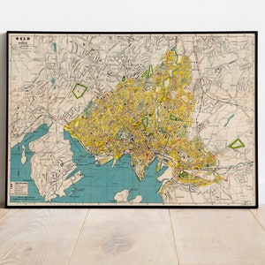 Oslo Stadt Karte Wand Print | 1947 Oslo Stadtplan Karte| Posterdruck | Kunstdruck auf Leinwand | Alte Karte Wand Kunst Poster | Gerahmte Landkarte als Wanddeko