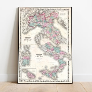 Italy Map Wall Print| 1862 Italy Map| Poster Print| Canvas Print Wall Art| Old Map Wall Art Poster| Framed Map Wall Decor