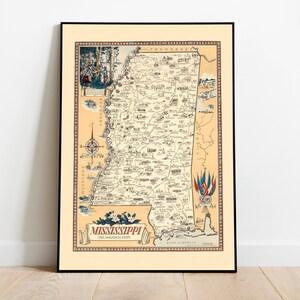 Vintage Mississippi Karte Print | Mississippi Leinwand Wandkunst| Alte Karte Mississippi Poster| Mississippi Wandbild | Der Magnolienstaat