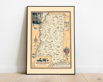 Vintage Mississippi Map Print| Mississippi Canvas Wall Art| Old Map Mississippi Poster| Mississippi Wall Print| The Magnolia State