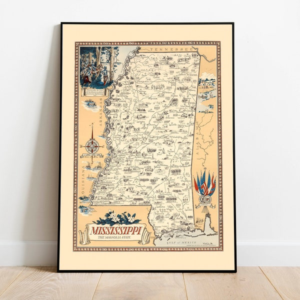 Vintage Mississippi Map Print| Mississippi Canvas Wall Art| Old Map Mississippi Poster| Mississippi Wall Print| The Magnolia State