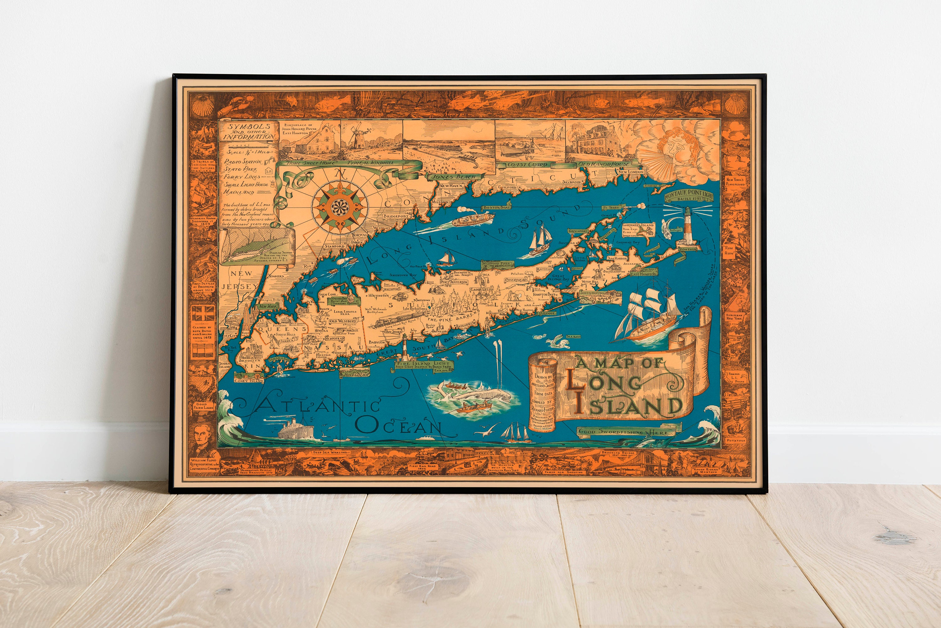 Long Island Map Wall Print Framed Map Wall Decor 1933 Long Etsy