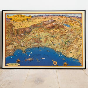 Bildliche Landkarte von Südkalifornien| Kalifornien Karte Wand Kunstdruck | Vintage Poster Kunst| Kalifornien Karte Leinwand Wandkunst