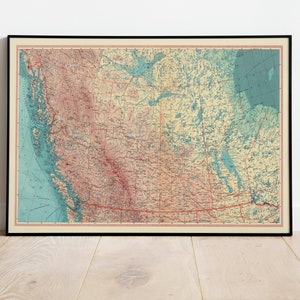 Geographische Karte von Kanada, British Columbia und Prärieprovinzen Karte Wand-Dekor | Karte Wandbild | Gerahmter Kunstdruck| Leinwanddruck Karte
