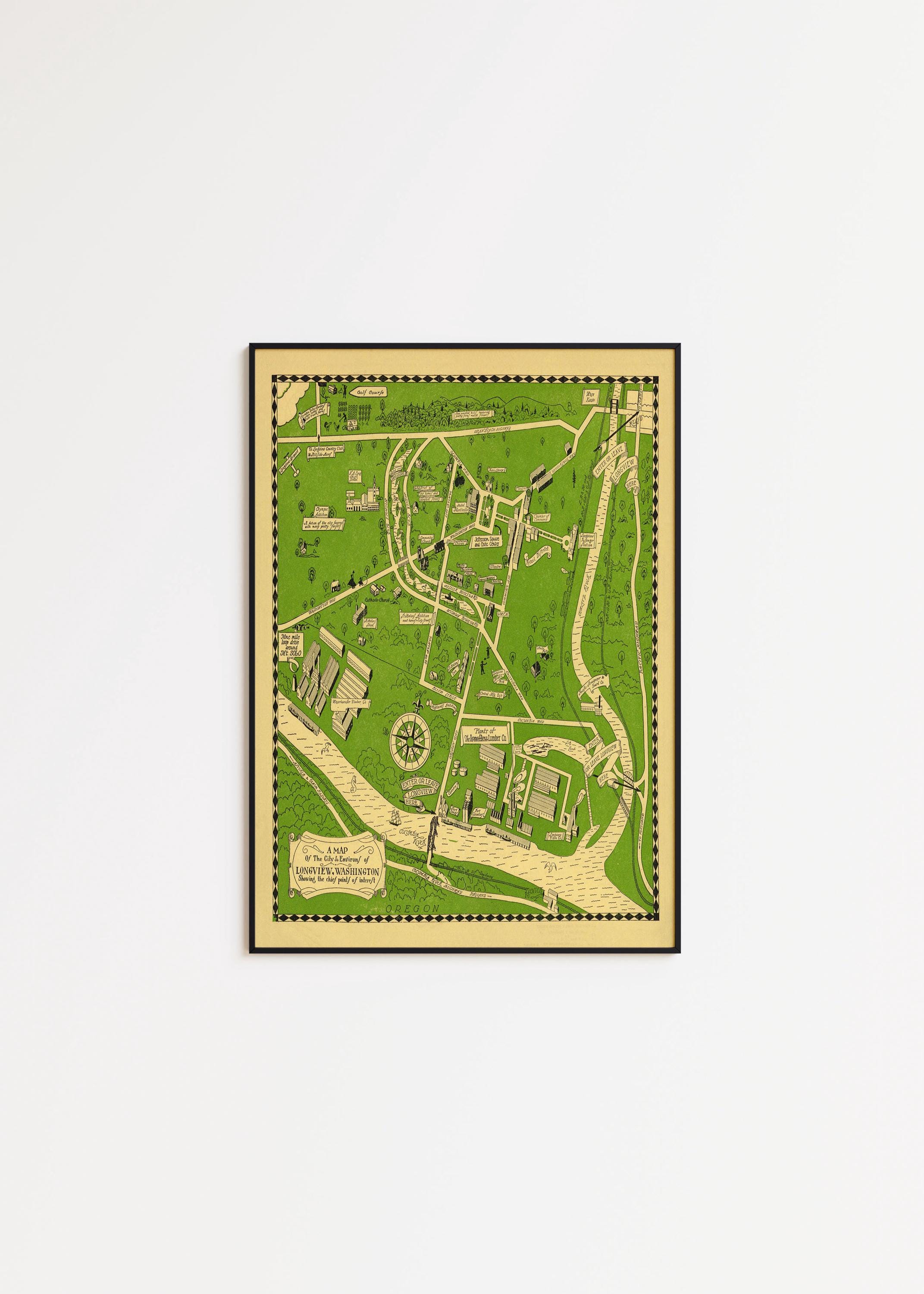 Longview Washington Map Print: 1930 Vintage City Art