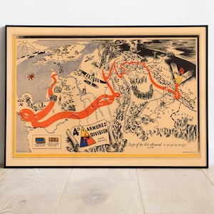 Póster de mapa militar de la Segunda Guerra Mundial/ 4.ª División Blindada/ Impresiones de pared de mapas de la Segunda Guerra Mundial / Arte de pared con impresión de lienzo / Impresiones vintage de la Segunda Guerra Mundial para decoración de pared