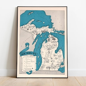 Landkarte von Bundesstaat Michigan | Vintage Landkarte von Chicago | Leinwandbild | Wand Kunst Druck | Vintage Karte Poster | Pull Down Map