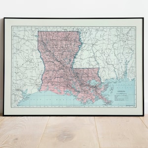 Map of State of Louisiana| Vintage Louisiana Map Print| Canvas Wall Art| Louisiana Wall Art Print| Vintage Map Poster| Pull Down Map