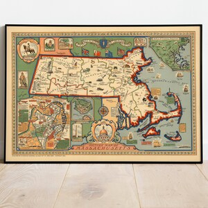 Vintage Massachusetts Karte Print | Massachusetts Kunst auf Leinwand | Alte Karte von Massachusetts | Massachusetts Wandbild | Pull Down Map
