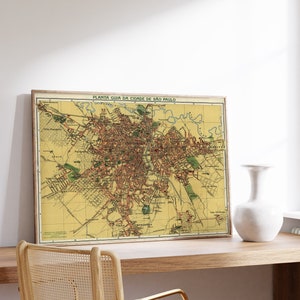 Impresión de pared con mapa de la ciudad de São Paulo de 1913/ Impresión de póster/ Impresión en lienzo para pared/ Póster de mapa antiguo/ Decoración de pared con mapa enmarcado