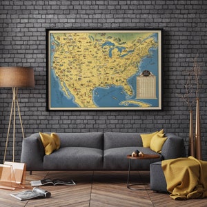 United States Map Print Canvas Print Wall Art USA Vintage Maps for Wall Decor America Map Poster Wall Maps Pull Down Map image 2