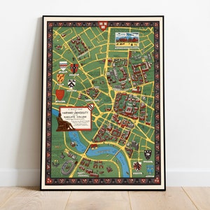 Mappa dell'Università di Harvard e del Radcliffe College/Stampa artistica da parete/Tela avvolta/Regalo di laurea/Stampa poster vintage