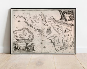 Historical Map of Carolina Region 1673| Old Map Wall Decor| Vintage Map Wall Art| Poster Print| Framed Art Print| Canvas Print Map