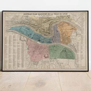 Lyon City Map Wandbild | Gerahmte Karte Wanddeko | 1872 Lyon Karte Kunstdruck | Posterdruck | Kunstdruck auf Leinwand | Karte Wandkunst Poster