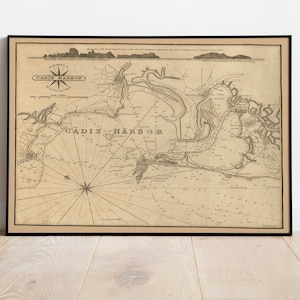 Mapa náutico del puerto de Cádiz 1814/ Decoración de pared de mapa antiguo/ Arte de pared de mapa vintage / Impresión de póster / Impresión de arte enmarcado / Mapa de impresión de lienzo