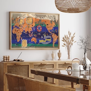 Mapa pictórico del mundo/ Póster del mapa mundial/ Mapa mundial del paisaje/ Lienzo montado/ Impresiones de pared enmarcadas/ Mapa desplegable/ Mapas vintage Arte de pared
