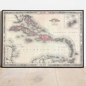 Karibik Karte Wandbild | 1864 West Indies Karte | Posterdruck | Kunstdruck auf Leinwand | Alte Karte Wand Kunst Poster | Gerahmte Landkarte als Wanddeko