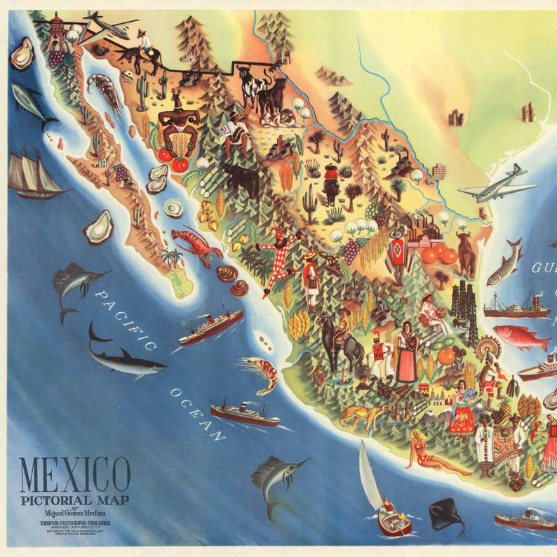 Mexico Pictorial Map Wall Poster Old Map Mexico Wall Poster | Etsy