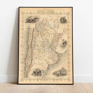Chile y La Plata Mapa Imprimir Arte de la pared/ 1851 Chile Vintage Mapa Impresiones de pared / Impresiones de lienzo / Mapas antiguos Decoración de la pared del cartel / Mapa desplegable