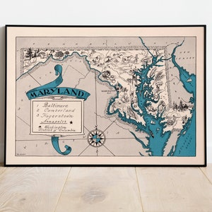 Map of State of Maryland| Vintage Maryland Map Print| Maryland Canvas Wall Art| Old Map of Maryland| Poster Vintage| Pull Down Map