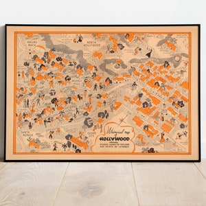 Kaart van Hollywood met studio's, huizen van de sterren en bezienswaardigheden| Vintage kaartposter| Hollywood-muurkunst| Canvas muurkunst