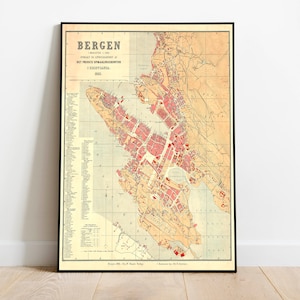 Bergen City Map Wall Print| 1885 Bergen Stadtplan Karte| Posterdruck | Kunstdruck auf Leinwand | Alte Karte Wand Kunst Poster | Gerahmte Landkarte als Wanddeko