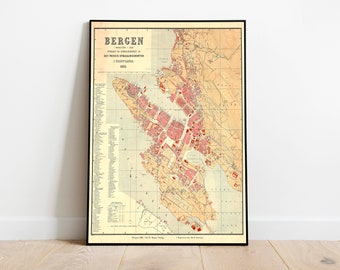 Bergen City Map Wall Print| 1885 Bergen City Plan Map| Poster Print| Canvas Print Wall Art| Old Map Wall Art Poster| Framed Map Wall Decor