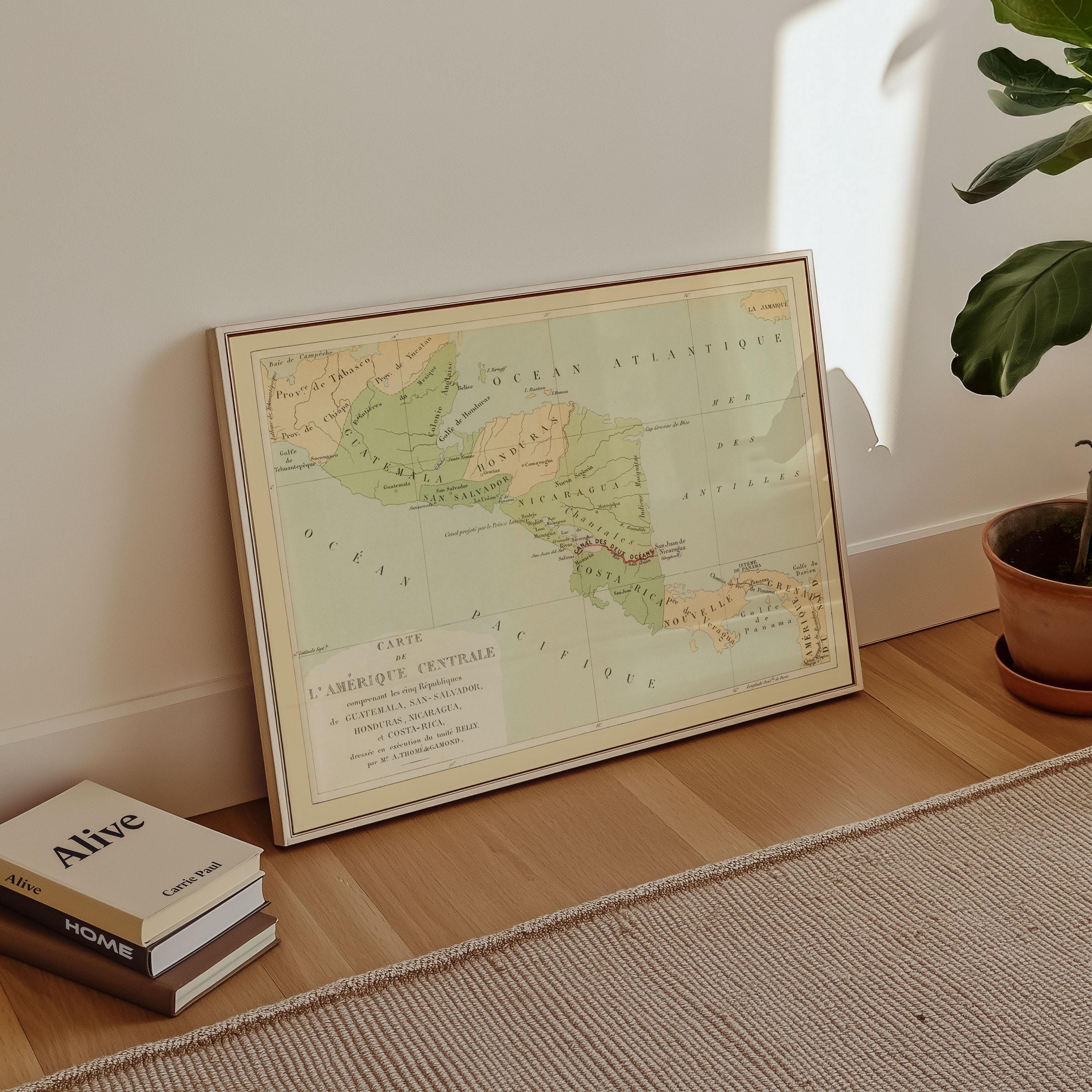 中央アメリカ地図アートプリント：ヴィンテージスタイルポスター