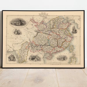 Carte historique de la Chine et du Myanmar 1851| Décor mural de vieille carte| art mural de carte vintage| Impression d’affiche| Impression d’art encadrée| Tableau sur toile Carte