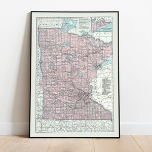 Vintage Minnesota Map Print| Minnesota Canvas Wall Art| Old Map Minnesota Poster| Minnesota Wall Print| Pull Down Map