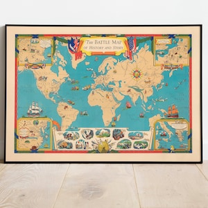 El mapa de batalla de la historia mundial / Impresión de póster / Impresión de arte enmarcado / Decoración de pared de arte de lienzo / Impresión de pared de mapa mundial / Póster de pared de mapa vintage