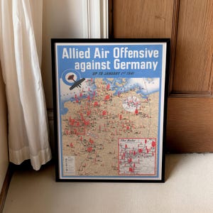 Póster enmarcado con mapa de la ofensiva aérea aliada contra Alemania en la Segunda Guerra Mundial, impresión artística sobre lienzo, decoración de pared