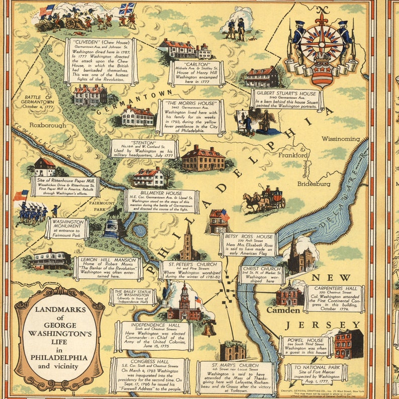 Map of Landmarks of George Washington's Life in | Etsy
