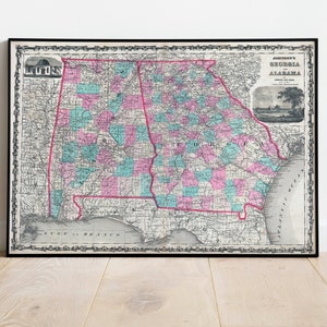 Old Map of States of Georgia and Alabama| Historical Maps of United States| Alabama Antique Map| Georgia Vintage Map| Wall Decor Map