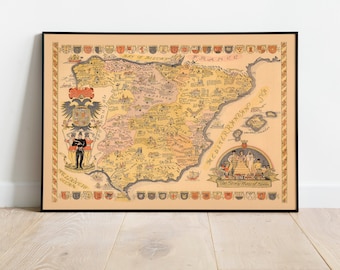 Historical Map of Spain| Spain Map Wall Art Print| Old Map Wall Poster| Canvas Print| Spain Map Poster Wall Decor| Pull Down Map