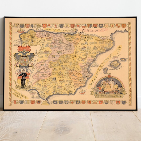 Mapa histórico de España/ Mapa de España Impresión de arte mural / Cartel de pared de mapa antiguo / Impresión de lienzo / Decoración de pared del cartel del mapa de España / Mapa desplegable