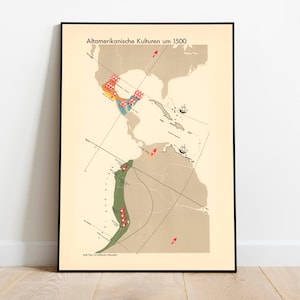 Alte amerikanische Kulturen um 1500 | Gerahmter Kunstdruck| Azteken| Karte Wandbild | Leinwand Kunst Wand-Dekor | Die Maya Zivilisation| Posterdruck