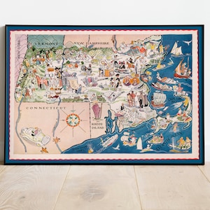 Bildliche Karte von Massachusetts | The Old Bay State| Alte Karte Wandbild | Poster Vintage| Leinwandbild | Massachusetts Wandkunst