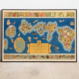 Karte der Hawaii-Inseln 1937| Pull Down Karte| Drucke auf Leinwand | Gerahmte Wandbilder| Hawaiianische Inseln Karte Poster