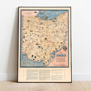 Karte von Ohio Wandbild | Alte Karte Poster Wandkunst| Kunstdruck auf Leinwand | Vintage Karte Wandposter| Karte Druck Wand-Dekor | Ohio Wandkunst