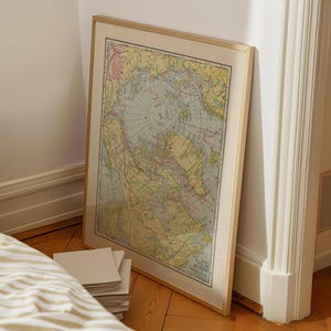 Mapa de las regiones polares del norte con las principales rutas de descubrimiento, 1925, póster enmarcado, impresión artística, lienzo, decoración de pared